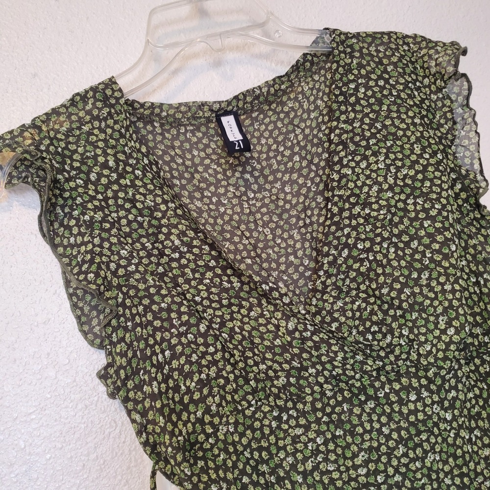 Forever 21 Sheer Floral V-Neck Blouse Green Ruffle Sleeve Side Tie Top F1187-P - Picture 3 of 12